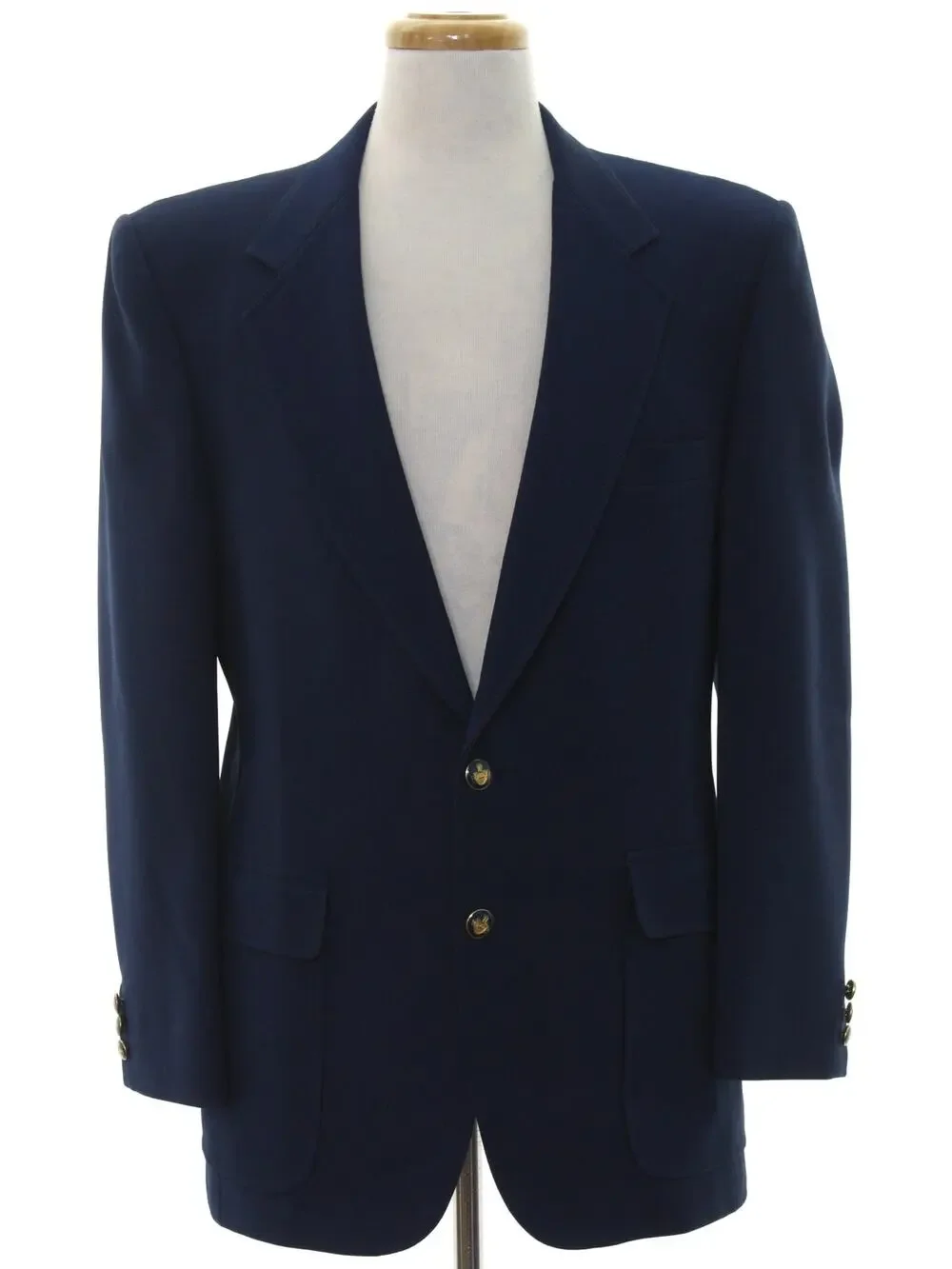 Vintage 70s Knack Navy Knit Blazer Gold Crest Buttons USA 40 Chest